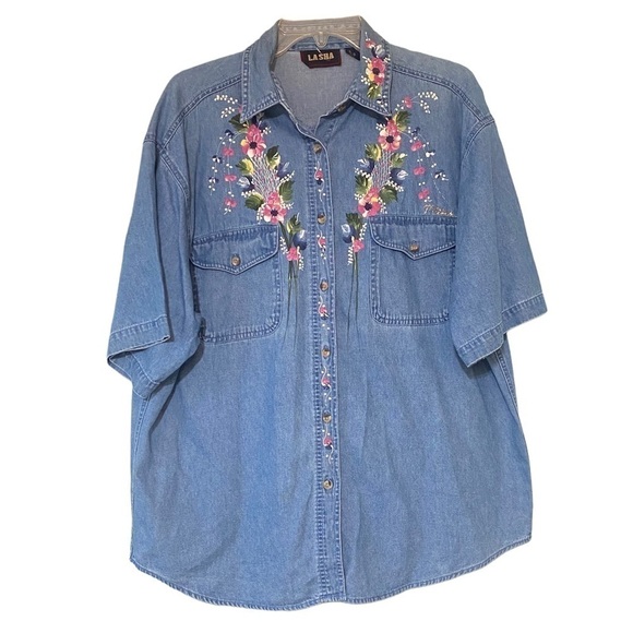 Vintage Tops - Vintage Denim Hand Painted Floral Top Cotton Wearable Art Sz XL